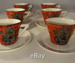 Vintage Italian San Marino Sgraffito Tea Coffee Set Red Lava Lady Design 1960's