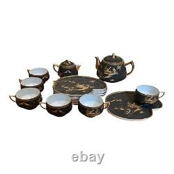 Vintage Japanese Lithophane Coffee & Tea Set Matte Black and Gold