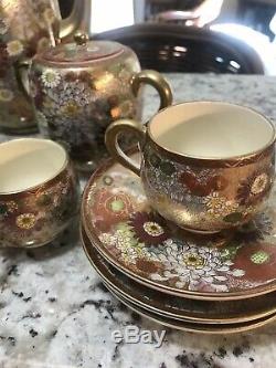 Vintage Japanese Porcelain Ceramic Kutani Tea Coffee Set Gold Flowers