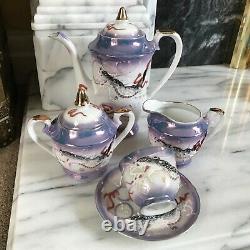 Vintage Japanese Porcelain Coffee Tea Set Dragon Ware Lilac & Red Scrolls Good