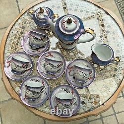 Vintage Japanese Porcelain Coffee Tea Set Dragon Ware Lilac & Red Scrolls Good