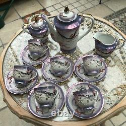 Vintage Japanese Porcelain Coffee Tea Set Dragon Ware Lilac & Red Scrolls Good