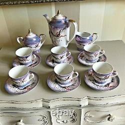 Vintage Japanese Porcelain Coffee Tea Set Dragon Ware Lilac & Red Scrolls Good