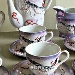 Vintage Japanese Porcelain Coffee Tea Set Dragon Ware Lilac & Red Scrolls Good