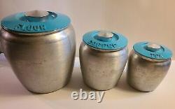 Vintage KROMEX Brushed Aluminum Canister Set withTurquoise Lids Flour Coffee Tea