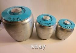 Vintage KROMEX Brushed Aluminum Canister Set withTurquoise Lids Flour Coffee Tea