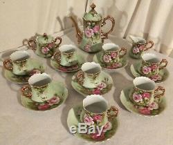 Vintage Lefton China, Heritage Green Pink Roses Coffee Set Hand Painted 19 Piece