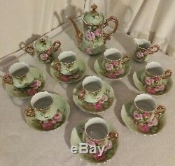 Vintage Lefton China, Heritage Green Pink Roses Coffee Set Hand Painted 19 Piece