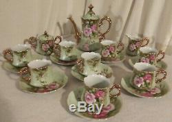 Vintage Lefton China, Heritage Green Pink Roses Coffee Set Hand Painted 19 Piece