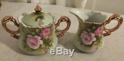 Vintage Lefton China, Heritage Green Pink Roses Coffee Set Hand Painted 19 Piece