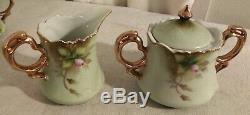 Vintage Lefton China, Heritage Green Pink Roses Coffee Set Hand Painted 19 Piece