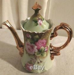 Vintage Lefton China, Heritage Green Pink Roses Coffee Set Hand Painted 19 Piece