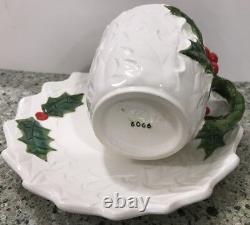 Vintage Lefton WhIte Holly Berry Coffee Mugs Cups Saucers Set of 10 Sets