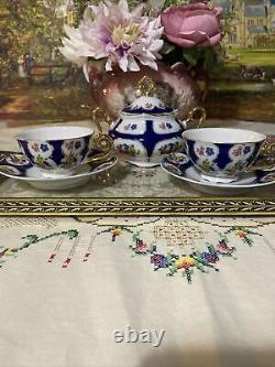 Vintage Limoges Hand Painted Expresso Coffee Cups And Saucers X6 And Sugar Bowl