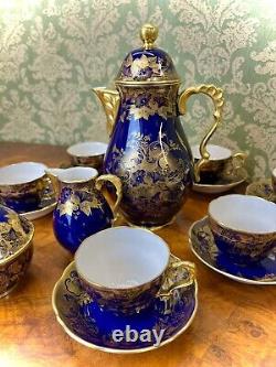 Vintage Lindner Kueps Bavaria Echt Cobalt Blue and Gold 17pc Coffee/Tea Set