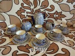 Vintage Lomonosov Imperial Porcelain cobalt net blue Coffee Set 22-k gold USSR