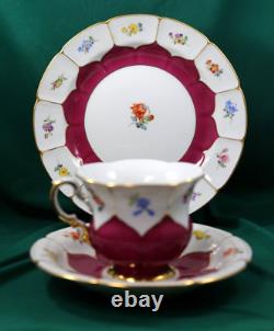 Vintage Meissen Strewn Flowers B-Form 3 Piece Coffee Set Cup, Saucer, & Plate