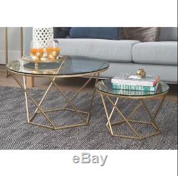 Vintage Metal Coffee Table Glass Top Small Side Tables Set Luxury Gold Furniture