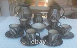Vintage Michael Leach Yelland Pottery 6 Person Coffee Set With Two Coffee Pots