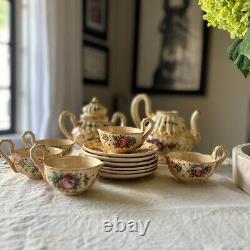 Vintage Mid Century Majolica Tea Coffee Set Rose Floral Italy Capodimonte 14pc