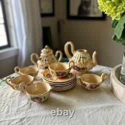 Vintage Mid Century Majolica Tea Coffee Set Rose Floral Italy Capodimonte 14pc