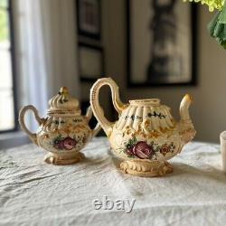 Vintage Mid Century Majolica Tea Coffee Set Rose Floral Italy Capodimonte 14pc