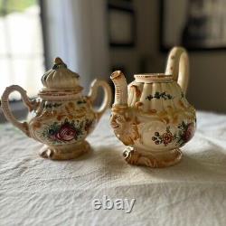 Vintage Mid Century Majolica Tea Coffee Set Rose Floral Italy Capodimonte 14pc