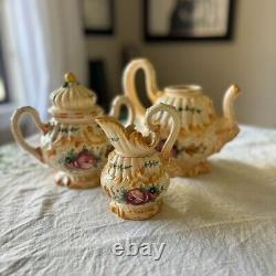 Vintage Mid Century Majolica Tea Coffee Set Rose Floral Italy Capodimonte 14pc