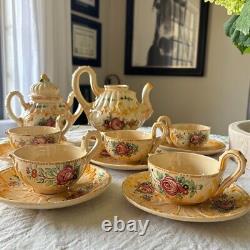 Vintage Mid Century Majolica Tea Coffee Set Rose Floral Italy Capodimonte 14pc
