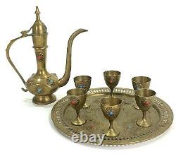 Vintage Moorish Style Brass Coffee Ewer Set Turquoise & Carnelian Inlaid Stones