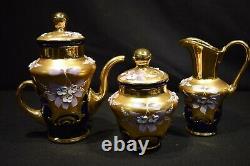 Vintage Murano Coffee Tea Set, Venetian 24K Hand painted Enamel Blue Glass