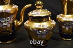 Vintage Murano Coffee Tea Set, Venetian 24K Hand painted Enamel Blue Glass