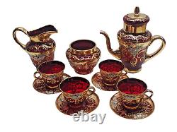 Vintage Murano Italy Coffee Tea Set Ruby Red 24K Gold Floral