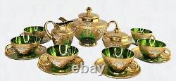 Vintage Murano Venetian Trefuochi Green 24kt Gold Glass Tea Coffee 17 Piece Set