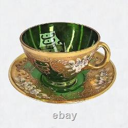 Vintage Murano Venetian Trefuochi Green 24kt Gold Glass Tea Coffee 17 Piece Set