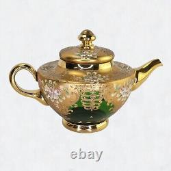 Vintage Murano Venetian Trefuochi Green 24kt Gold Glass Tea Coffee 17 Piece Set