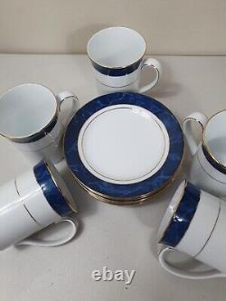 Vintage NORITAKE Japan Maestro blue Coffee tea set saucer cup 12pc gold trim NEW