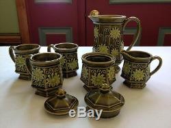 Vintage Olive Green Glazed Japanese Tea Coffee Set 8 Pieces Antique Asian