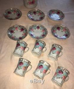 Vintage Porcelain Chocolate Tea Coffee Set Pink Flowers Gold Trim 13 Pieces