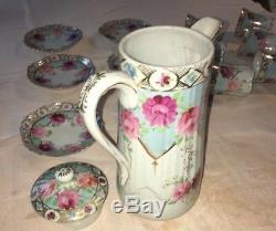 Vintage Porcelain Chocolate Tea Coffee Set Pink Flowers Gold Trim 13 Pieces