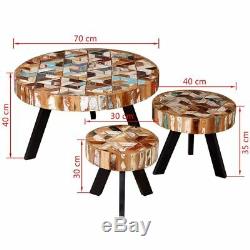 Vintage Round Coffee Table Set Of 3 Solid Reclaimed Wood Retro Style Furniture