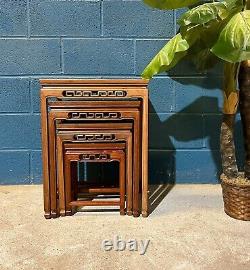 Vintage Set of 4 Hand Made Elm Wood Nesting Tables Occasional Coffee Table Asian