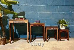 Vintage Set of 4 Hand Made Elm Wood Nesting Tables Occasional Coffee Table Asian