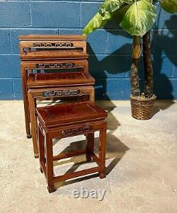 Vintage Set of 4 Hand Made Elm Wood Nesting Tables Occasional Coffee Table Asian