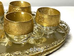 Vintage Set of 6 Glass Heavy Gold Rim Demitasse Coffee/Tea Cups & Gold Rim Tray