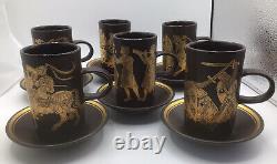 Vintage Set of 6 Purbeck Pottery (England) Medieval Pursuits Cup & Saucers