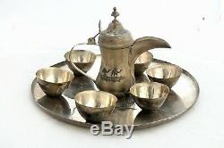 Vintage Solid Silver Islamic Cafe Coffee Set 6 Cups 1 Cezve 1 Tray