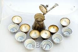 Vintage Solid Silver Islamic Syrian Coffee Set 6 Silver Porcelain Cups 1 Cezve