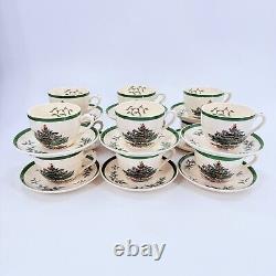Vintage Spode Christmas Tree Set 12 Coffee Tea Cup & Saucer Green Trim England