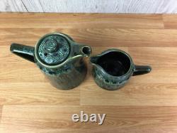 Vintage Studio Pottery 5 Piece Coffee Set Green Drip Glaze Mid Century MCM